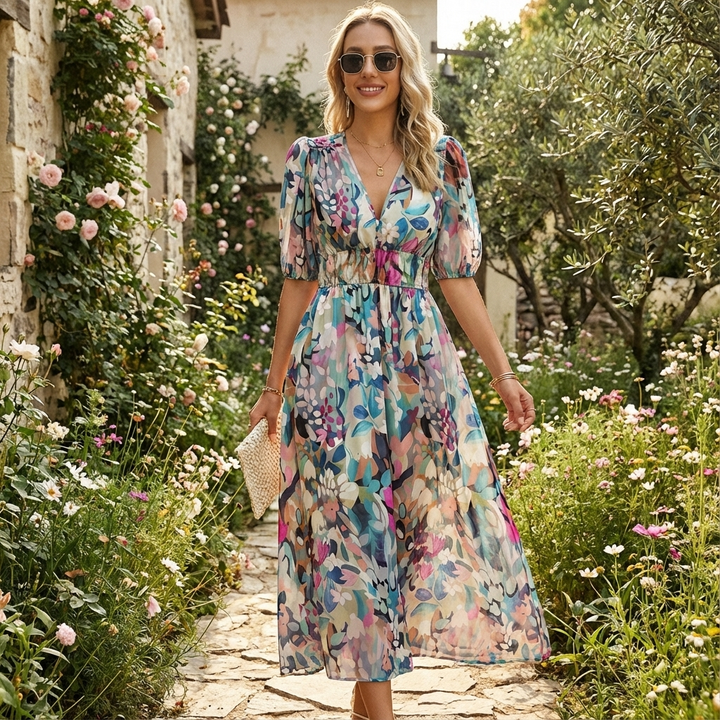 Emily | Vestido Midi de Mujer con Cuello en V y Estampado Floral