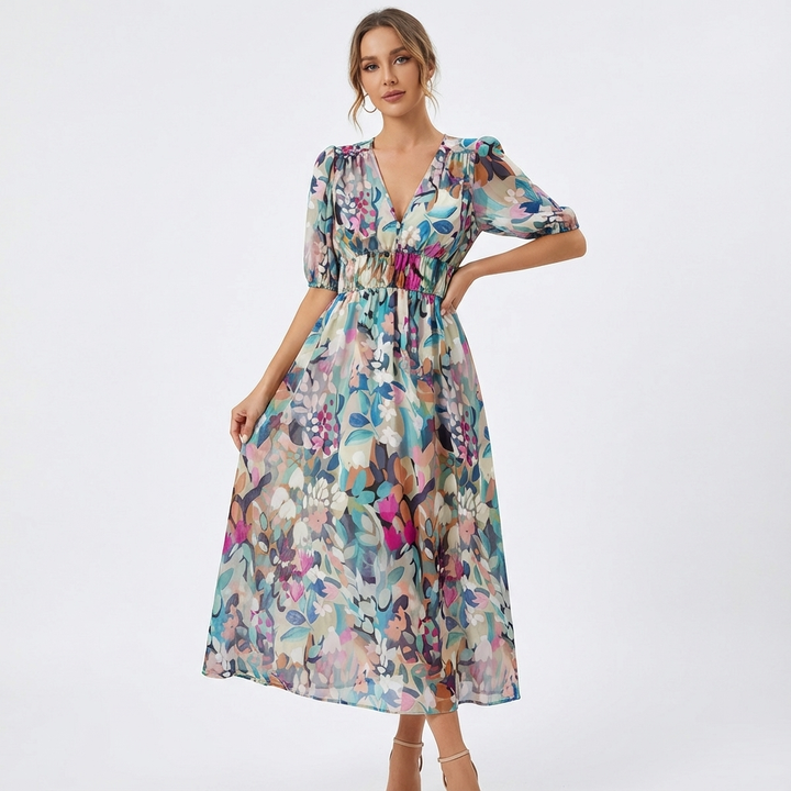 Emily | Vestido Midi de Mujer con Cuello en V y Estampado Floral
