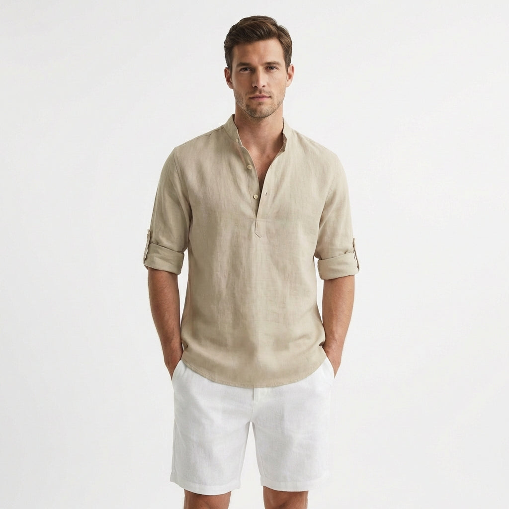 Hugo | Camicia Henley Collo alla Coreana Manica Risvoltata Uomo