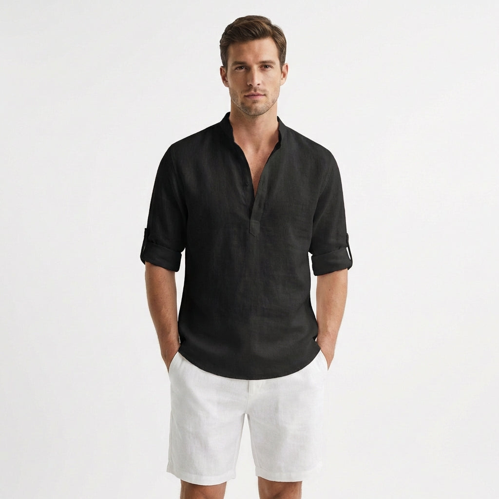 Hugo | Camicia Henley Collo alla Coreana Manica Risvoltata Uomo