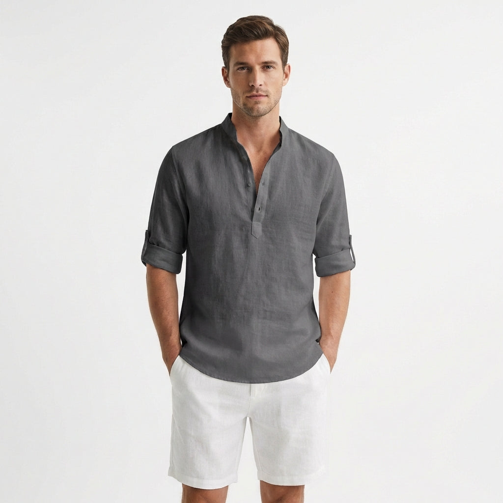 Hugo | Camicia Henley Collo alla Coreana Manica Risvoltata Uomo