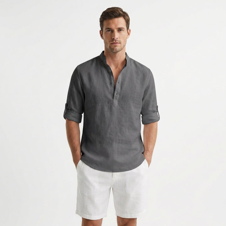 Hugo | Camicia Henley Collo alla Coreana Manica Risvoltata Uomo