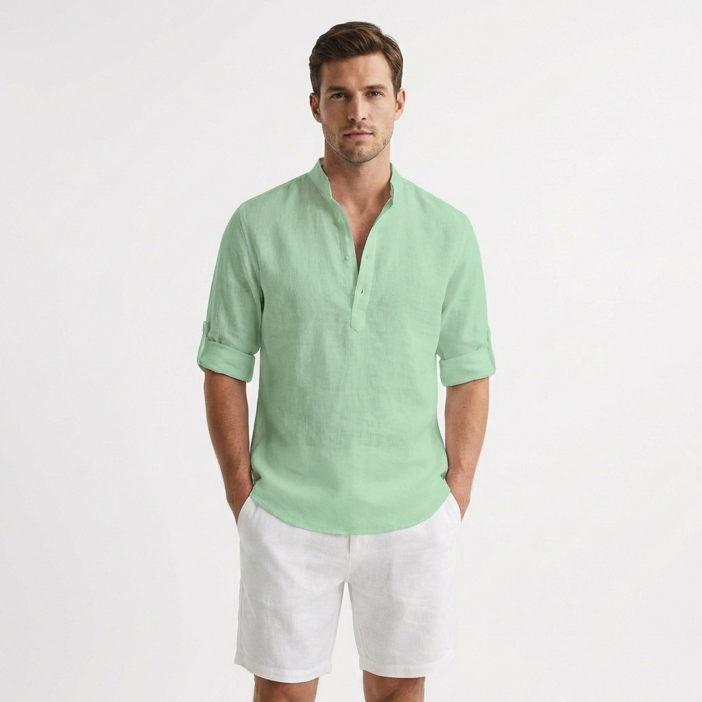 Hugo | Camicia Henley Collo alla Coreana Manica Risvoltata Uomo