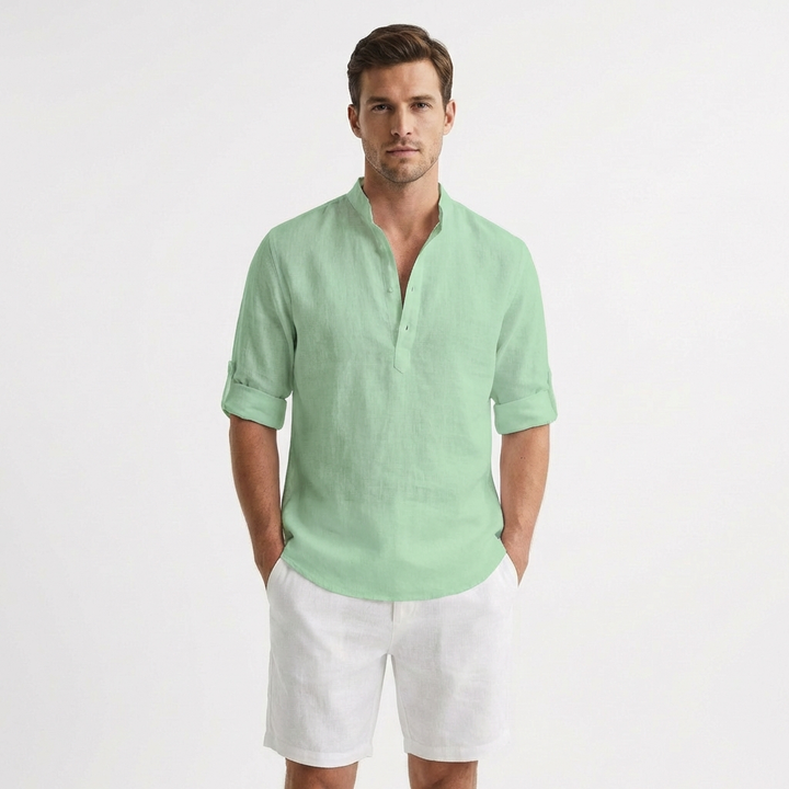 Hugo | Camicia Henley Collo alla Coreana Manica Risvoltata Uomo