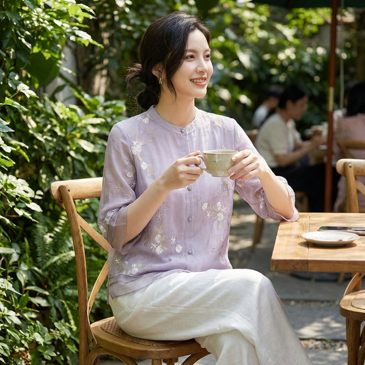 Inés | Blusa Bordada Cuello Mao Manga Tres Cuartos Mujer