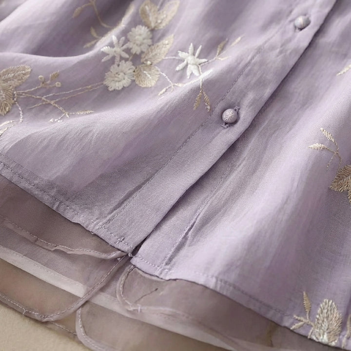 Inés | Blusa Bordada Cuello Mao Manga Tres Cuartos Mujer