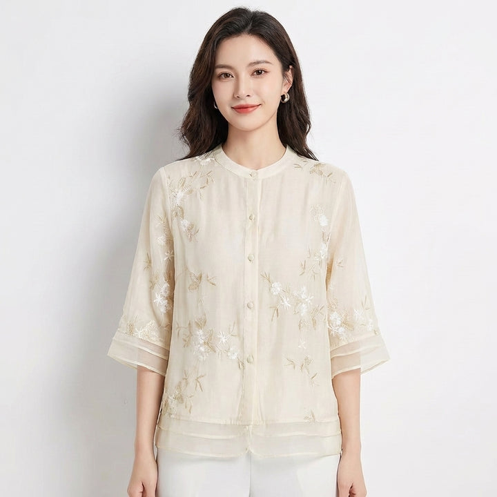 Inés | Blusa Bordada Cuello Mao Manga Tres Cuartos Mujer