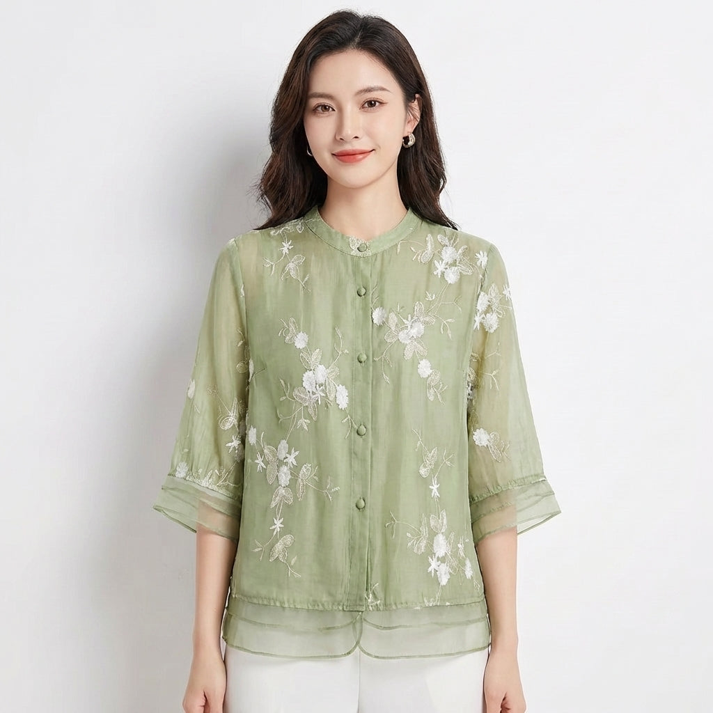 Inés | Blusa Bordada Cuello Mao Manga Tres Cuartos Mujer