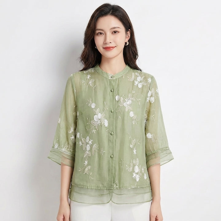 Inés | Blusa Bordada Cuello Mao Manga Tres Cuartos Mujer