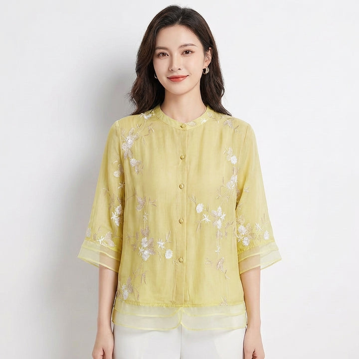 Inés | Blusa Bordada Cuello Mao Manga Tres Cuartos Mujer