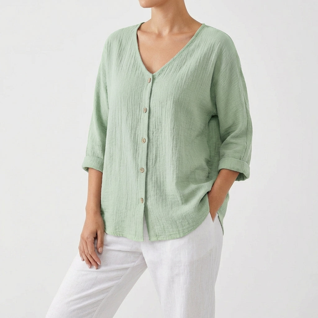 Jimena | Donna Camicetta con Scollo a V e Bottoni Casual