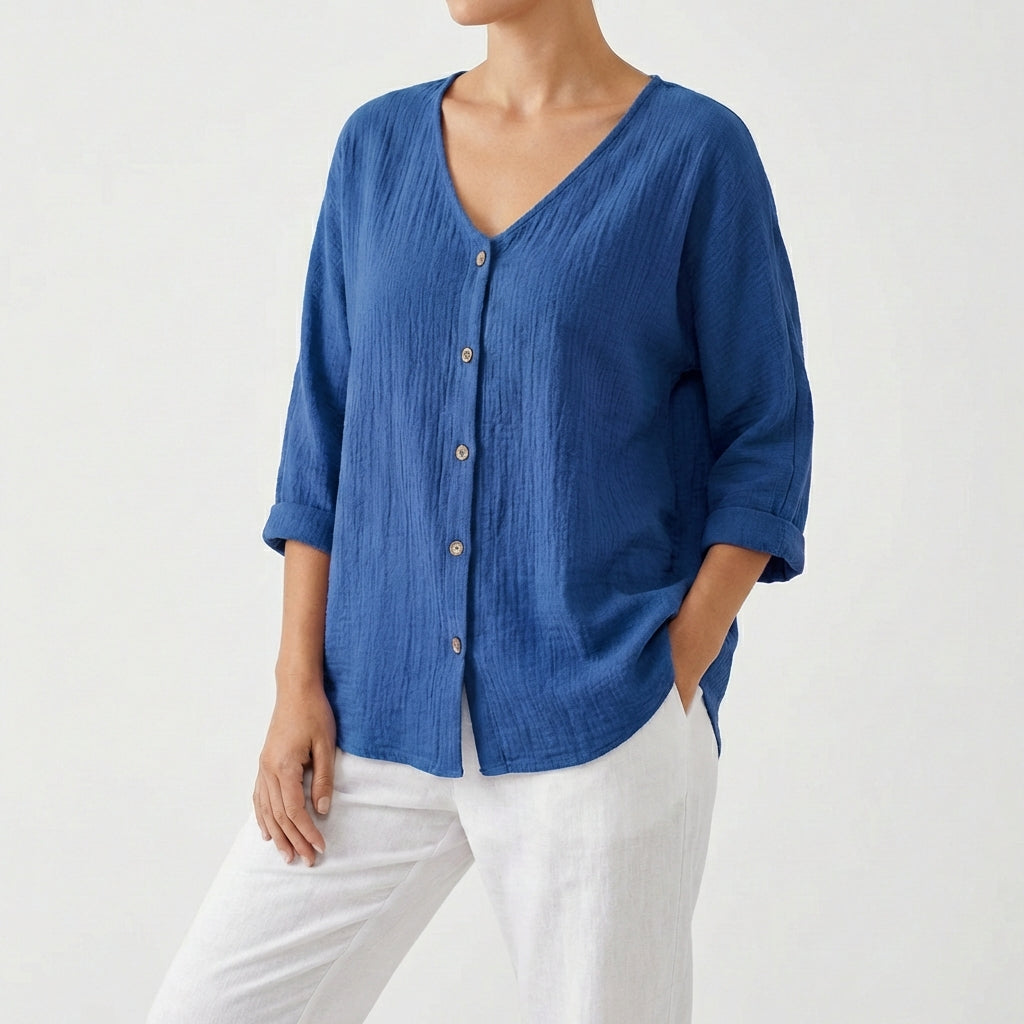 Jimena | Donna Camicetta con Scollo a V e Bottoni Casual