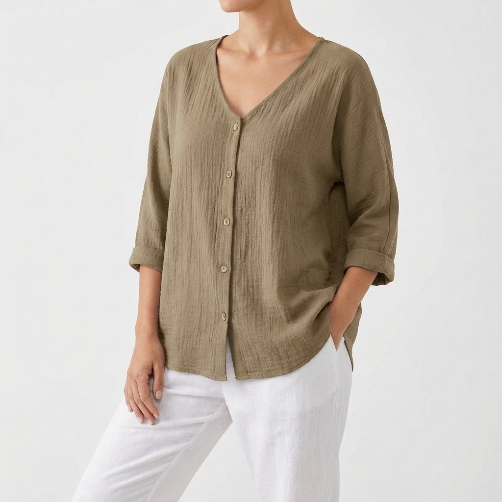 Jimena | Donna Camicetta con Scollo a V e Bottoni Casual