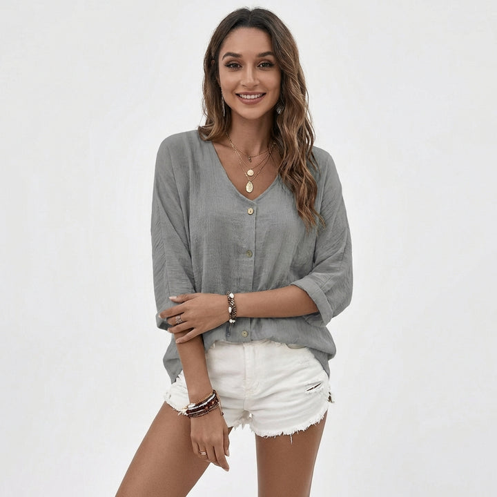 Jimena | Donna Camicetta con Scollo a V e Bottoni Casual