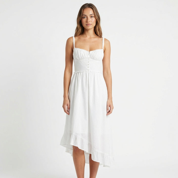 Jimena | Vestito midi con spalline e volant donna