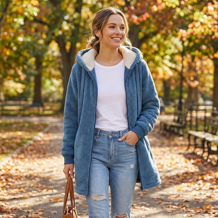 Lisa | Giacca lunga da donna con fodera sherpa e cerniera