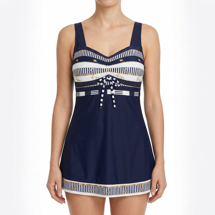 Lucia | Costume da bagno con gonna donna con motivo marinaresco e fiocco decorativo | Marinaresco