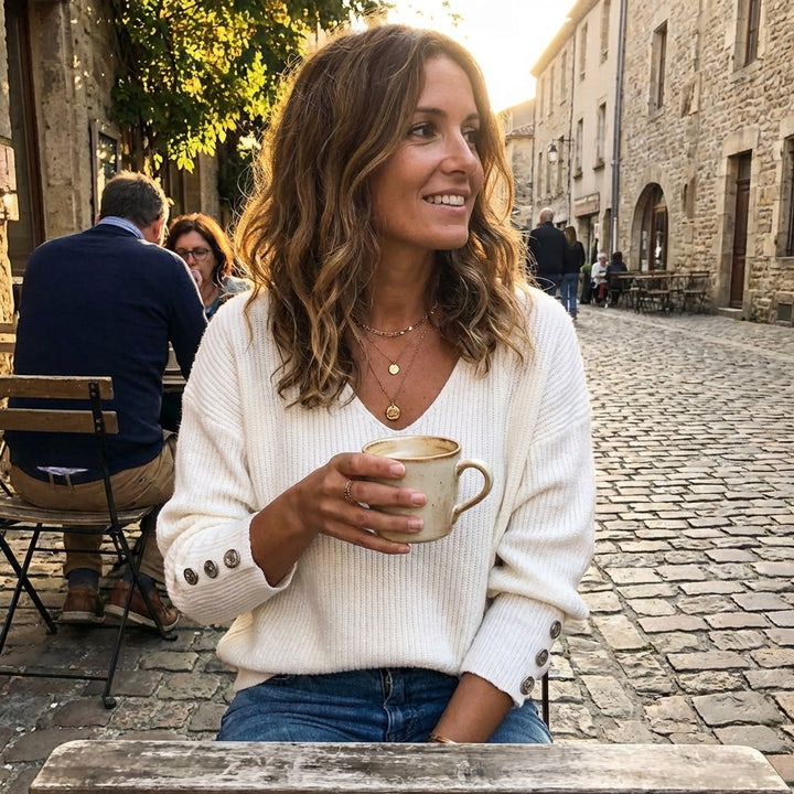 Lucía | Jersey Cuello V con Botones en Puño Mujer