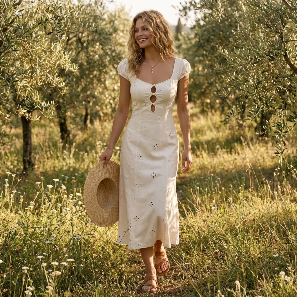 Lucía | Vestito Midi Bianco Ricamato con Manica a Sbuffo Donna