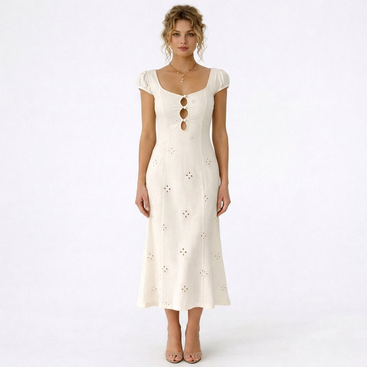 Lucía | Vestito Midi Bianco Ricamato con Manica a Sbuffo Donna