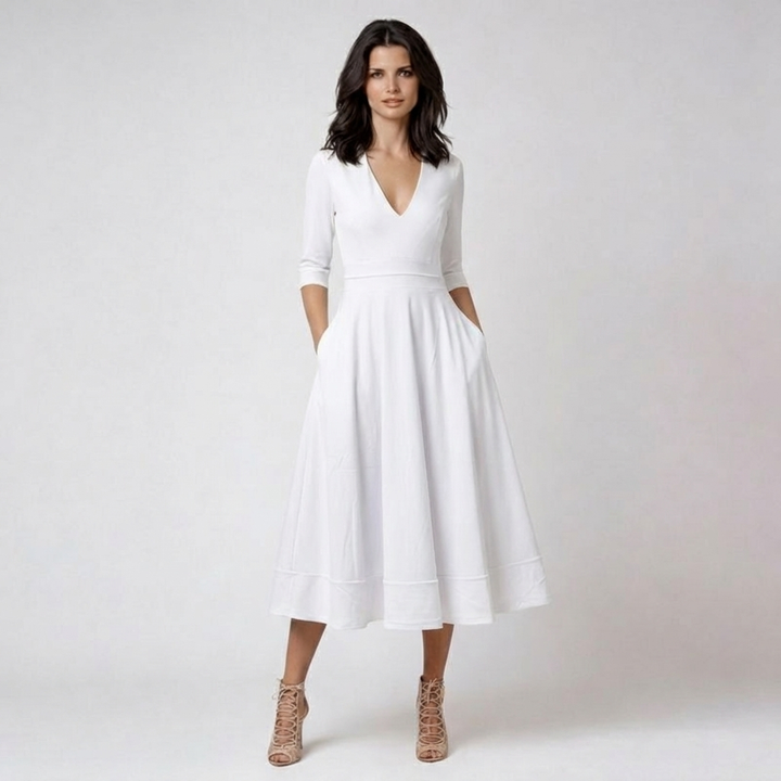 Lucia | Donna Abito Bianco Midi con Scollo a V Profondo e Maniche 3/4 | Elegante