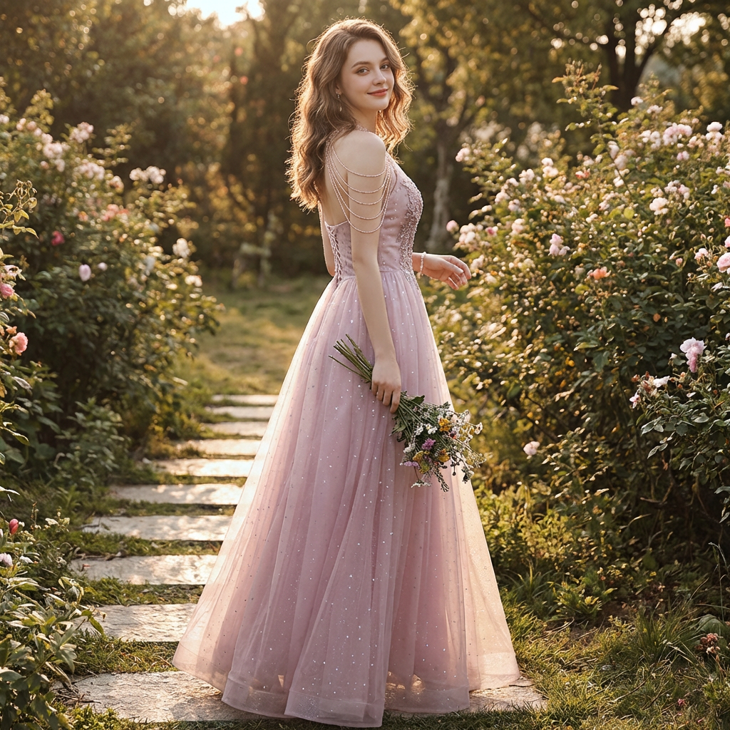 Lucia | Abito da festa rosa da donna con pizzo floreale e tulle lucente | Elegante