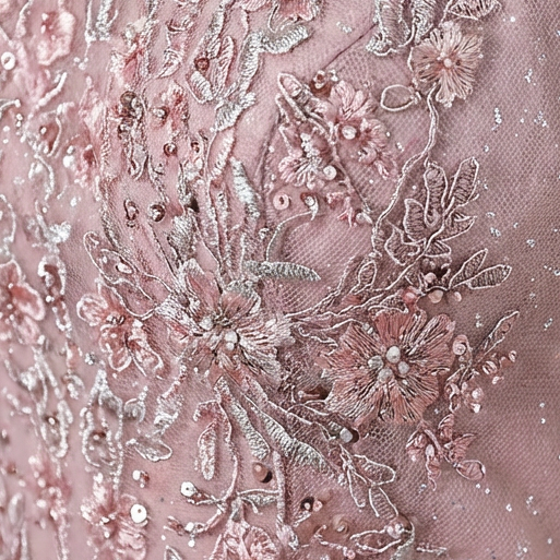 Lucia | Abito da festa rosa da donna con pizzo floreale e tulle lucente | Elegante