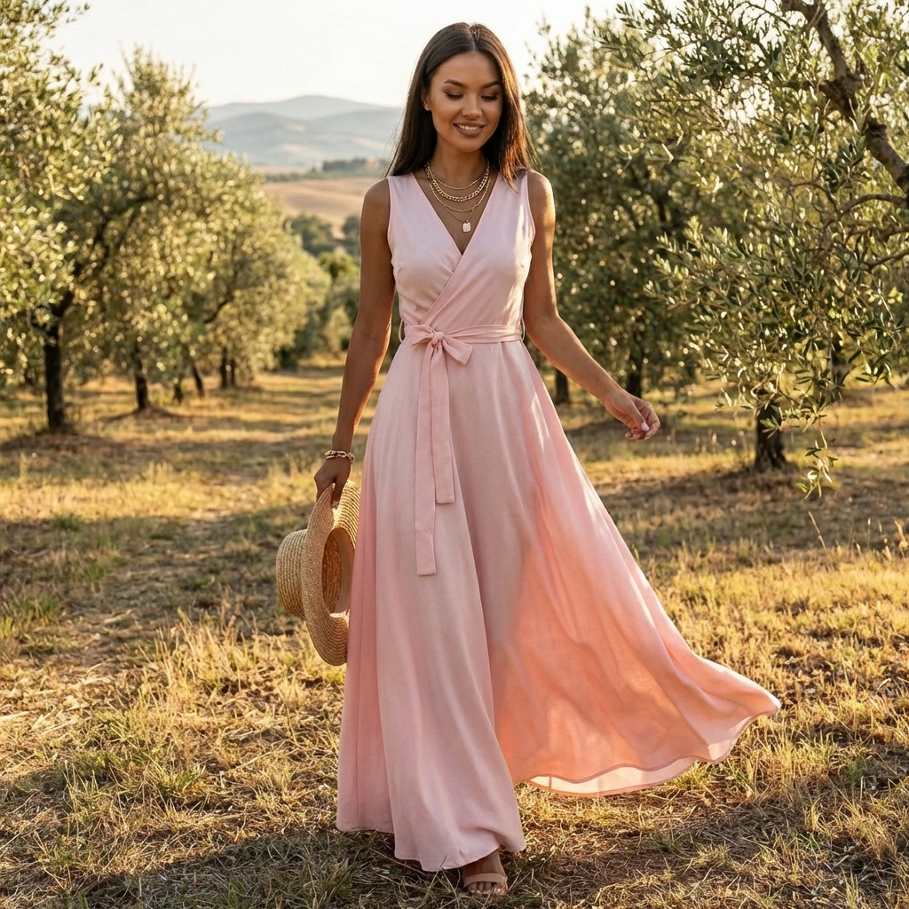 Lucia | Abito lungo da donna con scollo incrociato e vita annodata | Elegante