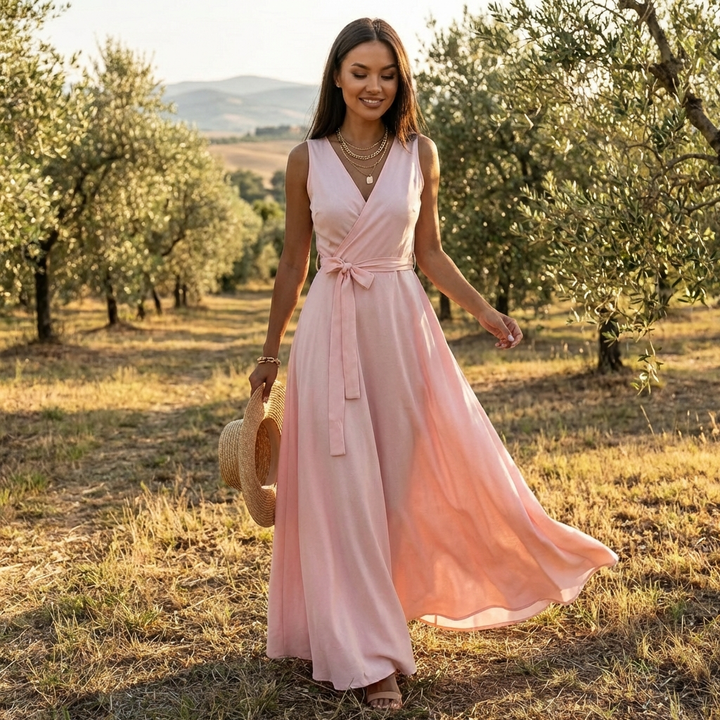 Lucia | Abito lungo da donna con scollo incrociato e vita annodata | Elegante