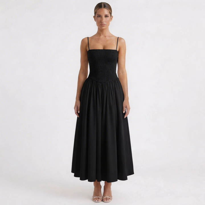 Lucia | Vestito Midi con Spalline, Corpo Arricciato, Gonna Svasata Donna