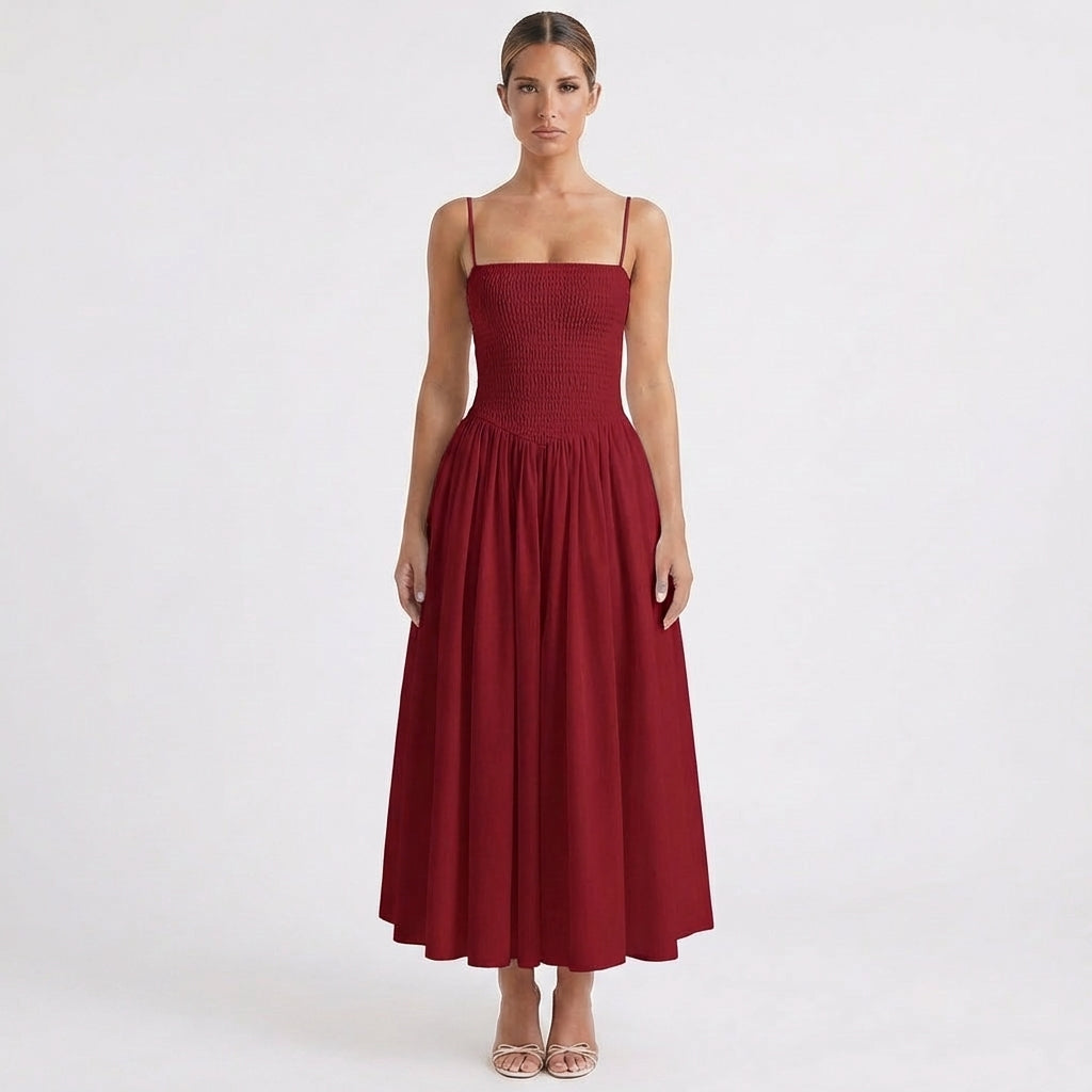 Lucia | Vestito Midi con Spalline, Corpo Arricciato, Gonna Svasata Donna