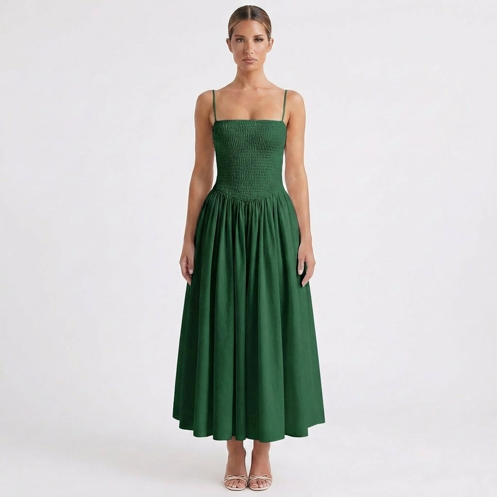 Lucia | Vestito Midi con Spalline, Corpo Arricciato, Gonna Svasata Donna