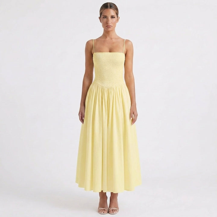 Lucia | Vestito Midi con Spalline, Corpo Arricciato, Gonna Svasata Donna