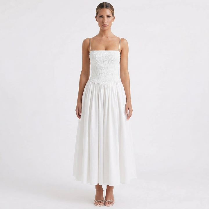 Lucia | Vestito Midi con Spalline, Corpo Arricciato, Gonna Svasata Donna