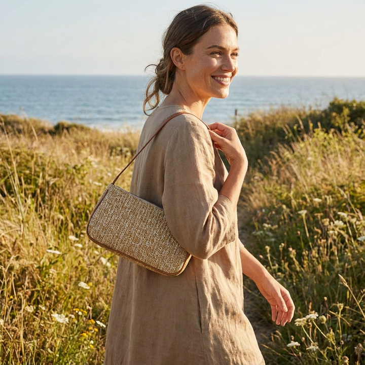 Luna | Borsa Baguette Donna con Rafia Intrecciata e Manico in Pelle | Estivo