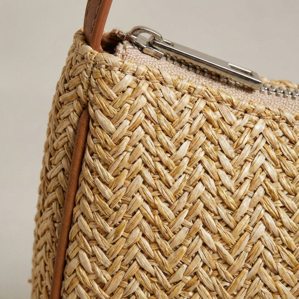 Luna | Borsa Baguette Donna con Rafia Intrecciata e Manico in Pelle | Estivo