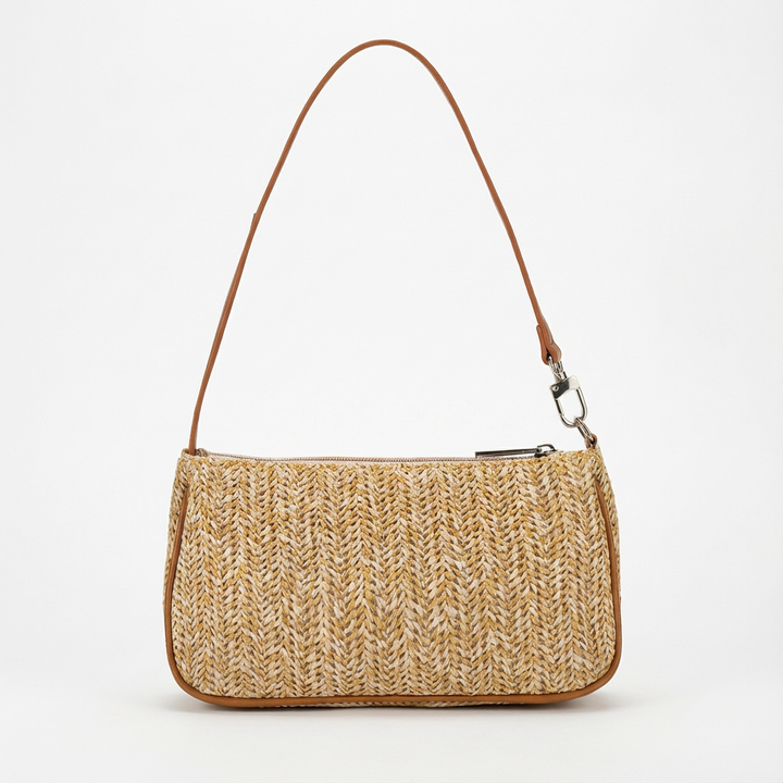 Luna | Borsa Baguette Donna con Rafia Intrecciata e Manico in Pelle | Estivo