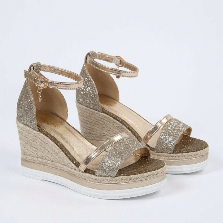 Luna | Mujer Sandalias Cuña Con Acabado Brillante Y Correa Tobillo | Glamuroso