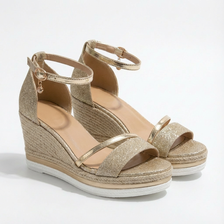 Luna | Mujer Sandalias Cuña Con Acabado Brillante Y Correa Tobillo | Glamuroso