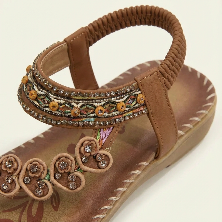 Luna | Mujer Sandalias Planas Con Apliques Florales Y Tiras Con Cuentas | Boho