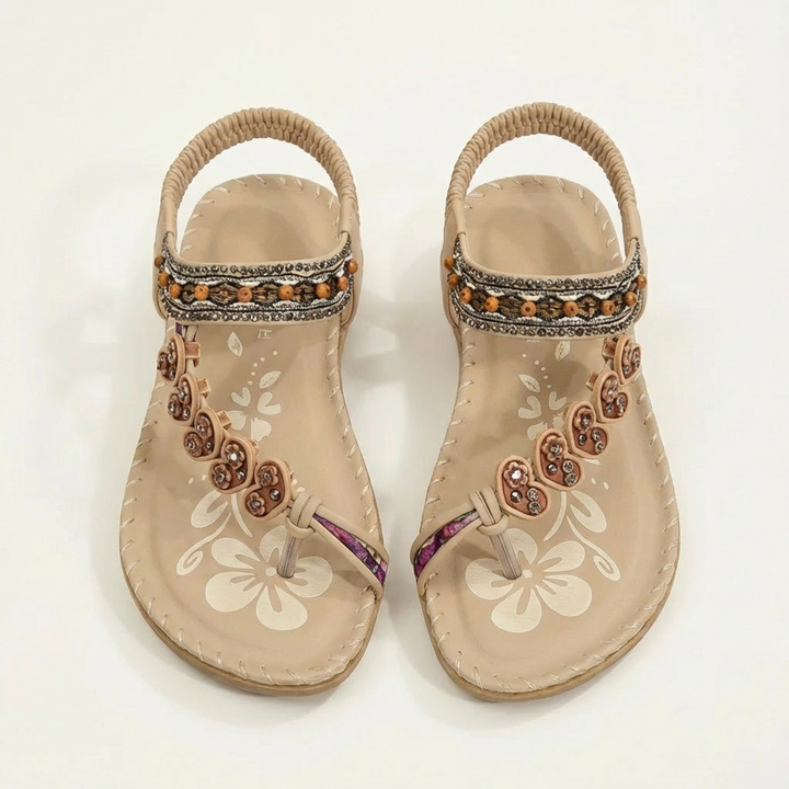 Luna | Mujer Sandalias Planas Con Apliques Florales Y Tiras Con Cuentas | Boho