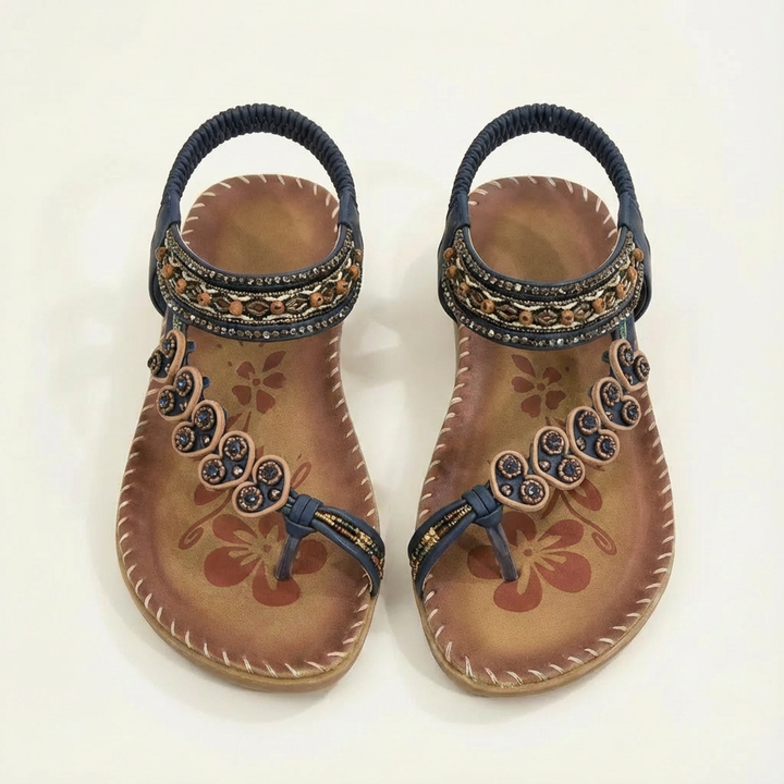 Luna | Mujer Sandalias Planas Con Apliques Florales Y Tiras Con Cuentas | Boho