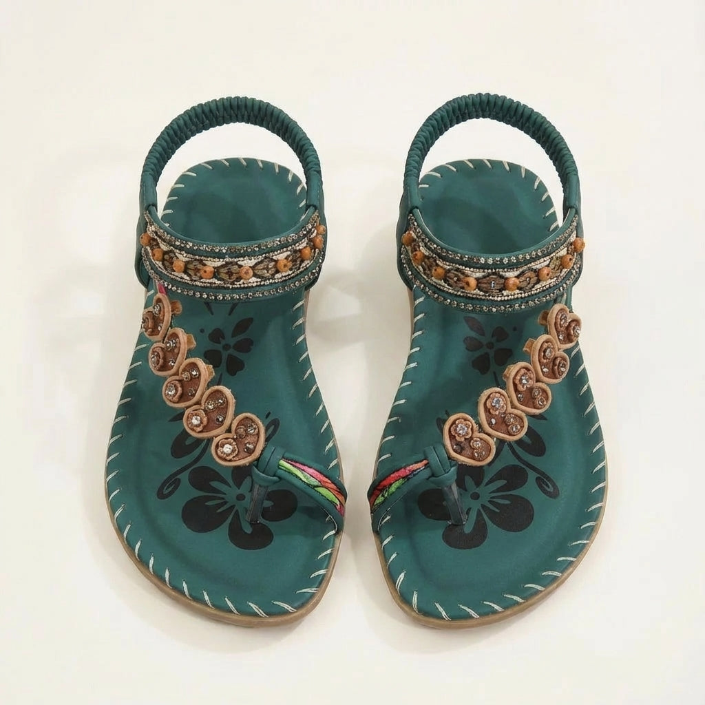 Luna | Sandali Piani Donna con Decorazioni Floreali e Cinghie con Perline | Stile Bohemien