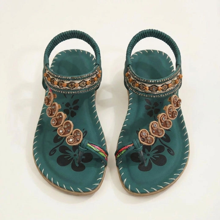 Luna | Sandali Piani Donna con Decorazioni Floreali e Cinghie con Perline | Stile Bohemien