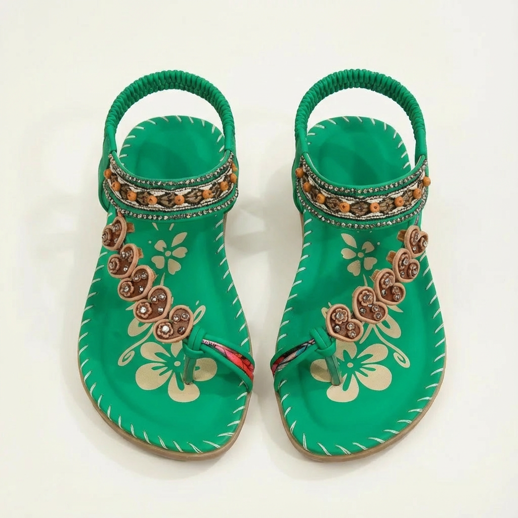 Luna | Mujer Sandalias Planas Con Apliques Florales Y Tiras Con Cuentas | Boho