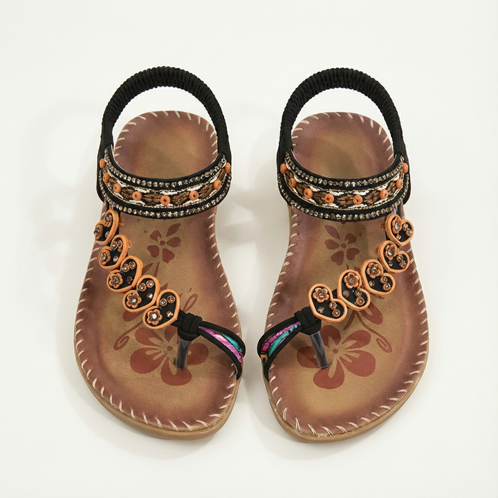 Luna | Mujer Sandalias Planas Con Apliques Florales Y Tiras Con Cuentas | Boho