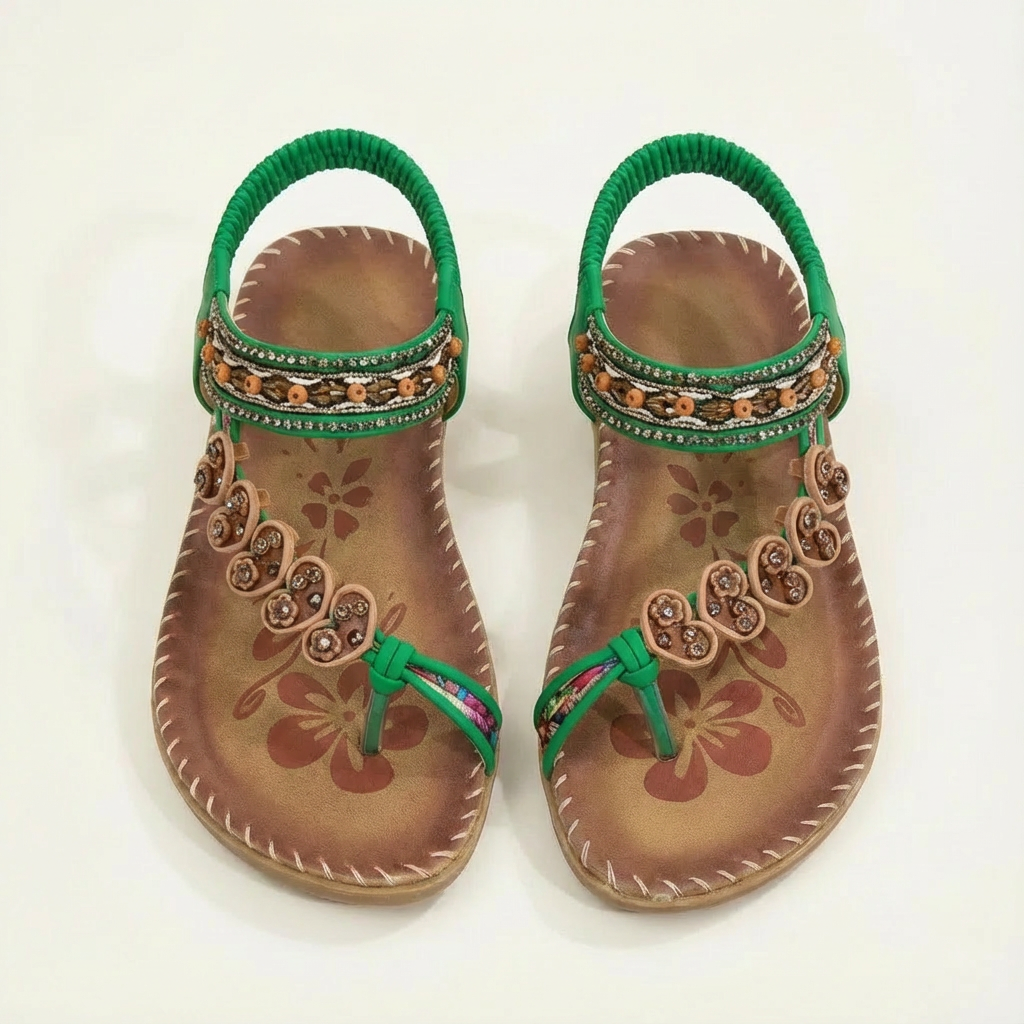 Luna | Mujer Sandalias Planas Con Apliques Florales Y Tiras Con Cuentas | Boho