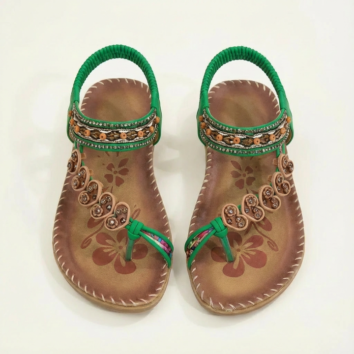 Luna | Mujer Sandalias Planas Con Apliques Florales Y Tiras Con Cuentas | Boho