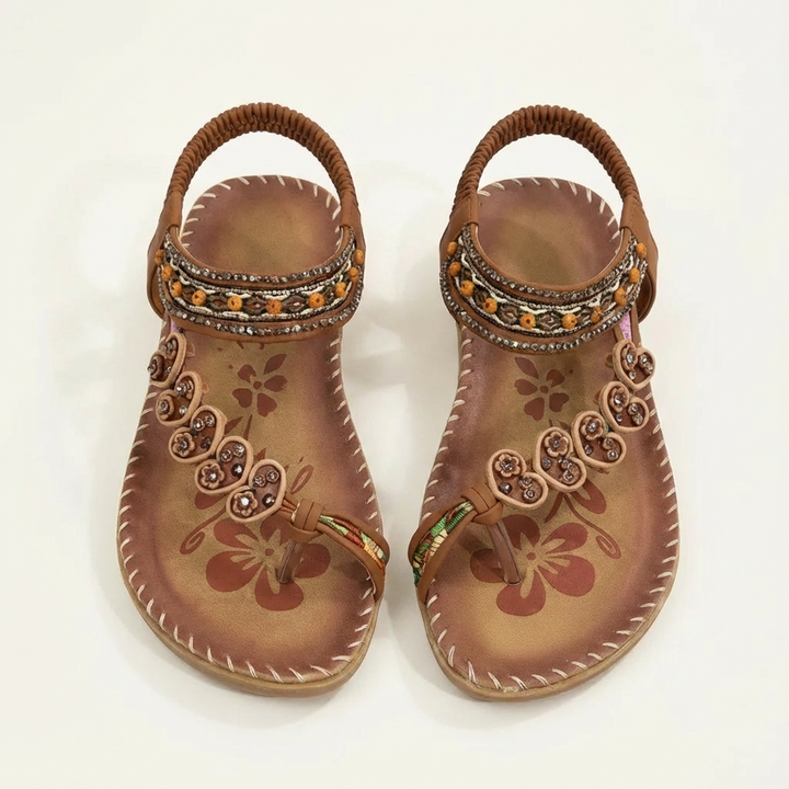 Luna | Mujer Sandalias Planas Con Apliques Florales Y Tiras Con Cuentas | Boho