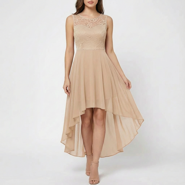 Luna | Abito A-Line da Donna con Pizzo Ricamato e Orlo Asimmetrico | Elegante